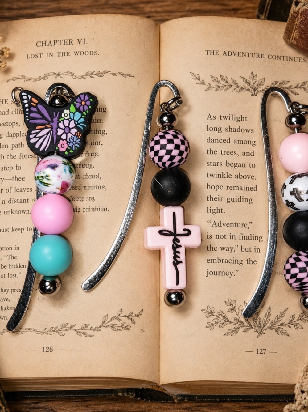 Pink Cross & Butterfly Beaded Bookmark Set